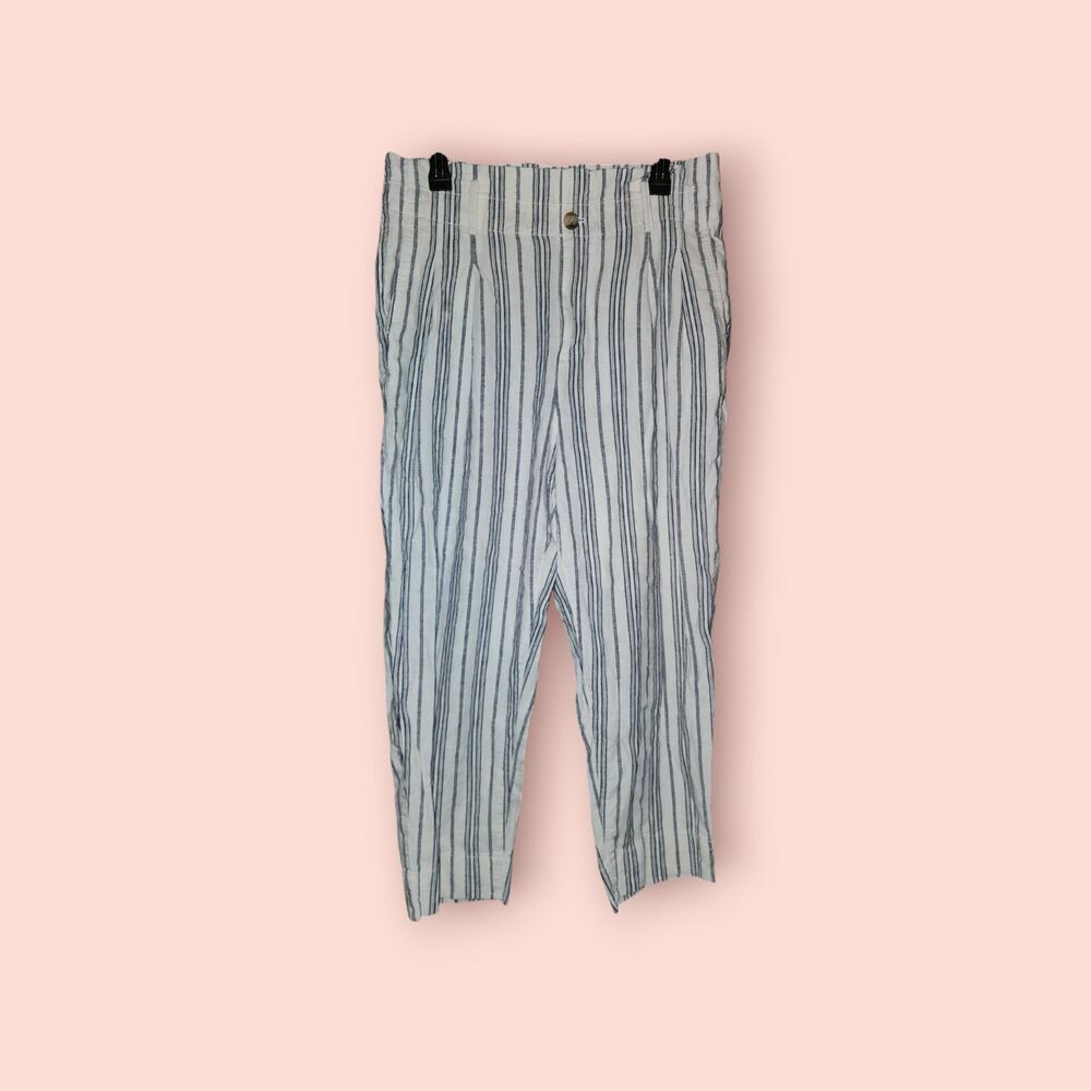 Madewell Linen Cotton Paperbag Waist Pants Dark Baltic Stripe High Rise Wide 10